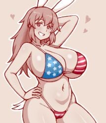 american_flag_bikini big_breasts bunny_ears flag_bikini flag_print hearts knightraid000 looking_at_viewer navel posing smile tail thick_thighs