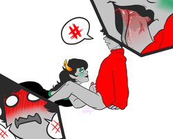 1boy 1girls ass black_hair black_lips blush dat_ass dress fellatio grey_skin homestuck horns kankri_vantas long_hair ms_paint_adventures oral penis pointy_ears porrim_maryam short_hair smile speech_bubble sweater text tongue troll white_background white_eyes