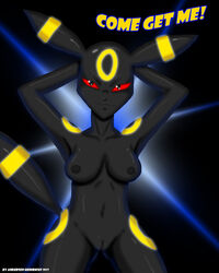 andersonicth anthro black_fur black_nipples breasts eeveelution female female_only front_view fur hands_behind_head looking_at_viewer nintendo nipples nude open_eyes pokemon pokemon_(species) pussy red_eyes solo standing tagme tail text umbreon yellow_fur