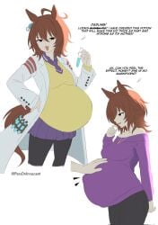 agnes_tachyon_(umamusume) baby_kicking belly_kicking brown_hair clothed cygames fetal_movement hand_on_hip horse_ears horse_girl horse_tail labcoat looking_at_viewer looking_down pregnant pregnant_belly pregnant_female small_breasts test_tube text umamusume umamusume:_beginning_of_a_new_era umamusume_pretty_derby