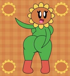 2d 2d_(artwork) bealmmaker big_ass big_breasts black_eyes breasts bubble_ass cursed cute female female_focus female_only green_body happy looking_at_viewer looking_back orange_background plant plant_girl pvz red_shoes sunflower sunflower_(pvz) waving waving_at_viewer