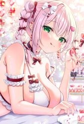 1girl bent_forward bikini bikini_top blush braid braided_hair breasts breasts_on_table cleavage collar frilled_bikini frilled_collar hair_ornament hair_ribbon highres large_breasts long_hair maid maid_bikini miwa_uni original pink_hair solo tied_hair twinbraids