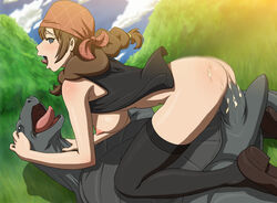 ass bare_shoulders big_breasts black_legwear blush bottomless breasts brown_hair cowgirl_position cum cum_in_pussy female grass grey_eyes happy_sex large_breasts looking_at_viewer moaning motion_blur nature nipples no_bra no_panties nude open_clothes open_shirt outdoors penis profile sasako_(shirokuma_cafe) sex shirokuma_cafe shirt side_view skindentation smile stockings straddle thighhighs tongue tongue_out toyomaru turtle vaginal_penetration zoophilia