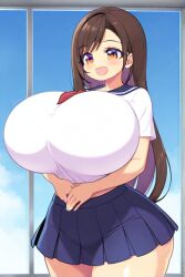 ai_generated brown_hair female final_fantasy final_fantasy_vii huge_breasts long_hair school_uniform thick_thighs tifa_lockhart