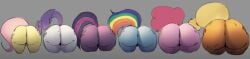 applejack_(mlp) ass ass_comparison ass_focus cutie_mark estebon89 female feral fluttershy_(mlp) hasbro horse huge_ass my_little_pony my_little_pony_friendship_is_magic pinkie_pie_(mlp) rainbow_dash_(mlp) rarity_(mlp) twilight_sparkle_(mlp)