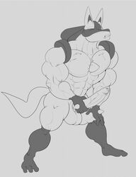 anthro barefoot erection fur lucario male male_only monochrome muscles penis pokemon pokemon_(species) solo standing tagme tail testicles unknownwolf