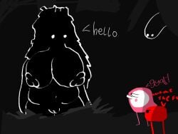 4:3 anthro big_breasts black_body blue_coldainton breasts cave english_text female greeting hair long_hair mother_worm_(pikuniku) nude nude_female piku_(pikuniku) text worm