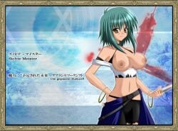 belt bike_shorts blood_splatter blue_background bracelets breasts_out green_hair hazel_eyes knife large_breasts long_sidelocks necklace nipples no_bra nude_filter rosenkreuzstilette short_hair sichte_meister smile third-party_edit torn_clothes white_tank_top