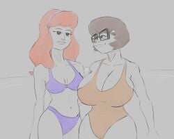 2girls big_ass big_breasts brown_hair brunette cartoon_network clothed clothed_female daphne_blake female female_only fully_clothed glasses hairclip hanna-barbera large_ass large_breasts red_hair redhead scooby-doo swimsuit thick_thighs velma_dinkley wide_hips