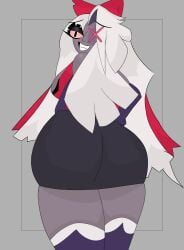 angel big_ass big_breasts bodysuit curvy curvy_female eyepatch fanart female hazbin_hotel leotard long_hair looking_at_viewer nervous nervous_smile red_bow solo solo_female thicc thick_thighs vaggie_(hazbin_hotel) white_hair wide_hips