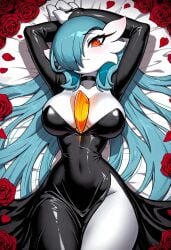 ai_generated alternate_hairstyle big_ass big_breasts blue_hair choker civitai gardevoir hands_above_head hands_behind_head hourglass_figure huge_breasts laying_on_back long_hair rose_(flower) rose_petals shiny_gardevoir shiny_pokemon thick_thighs very_long_hair