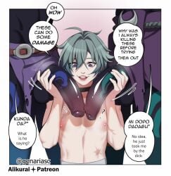 3boys abs aqua_hair before_blowjob black_choker choker completely_nude english_text excited gay gay_male genshin_impact group_sex highres hilichurls_(species) holding holding_penis lohen_(genshin_impact) male_focus mmm_threesome mole mole_under_eye monster_cock multicolored_eyes multiple_boys muscular muscular_male necktie nipples nude open_mouth penis scar short_hair speech_bubble testicles threesome yaoi