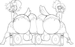 anthro ass_to_ass backsack balls beak big_butt biped boombox bottomwear butt canid canine canis clothed clothing daisy_dukes denim denim_bottomwear denim_clothing denim_shorts domestic_dog dongitos eyewear feathers genitals gerry_(dongitos) glasses hotpants huge_butt male mammal monochrome shorts tail tail_feathers thick_thighs