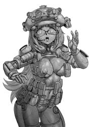 armor cleavage eyeglasses hat lotusgun nipples open_mouth petrification petrified petrify scared statue stone_statue