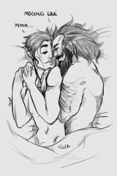 2boys artist_request beard bearded bearded_male bed bedroom black_and_white blackwall cock_peek covered_dick covered_penis cuddle cuddling cuddling_up_together dick dick_peek dragon_age dragon_age_inquisition gay hairy hairy_arms hairy_male inquisitor_(dragon_age) long_beard male male/male male_only penis_peek penis_shaft sketch stomach_hair tagme_(artist)