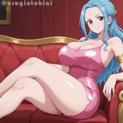 ai_generated arabasta_kingdom arabasta_saga arms_behind_back beautiful_girl before_sex big_boobs big_breasts blue_hair bracelets casting_couch chubby_breasts couch crossed_legs curly_hair cyan_hair earrings erogintokiai female female_only hair_ornament huge_breasts indoors latex_clothing latex_dress mini_dress nefertari_vivi one_piece pale_skin pink_dress princess sexy_body shiny_clothes sitting sitting_on_couch smile tagme: thick_thighs younger_female