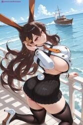 1girl ai_generated animal_ears ass atago_(azur_lane) azur_lane bangs black_hair black_legwear blush breasts brown_eyes bunny_ears bunny_tail chikuma_(azur_lane) closed_mouth day extra_ears hair_ornament hi_res high_heels high_quality high_resolution kiraamane large_breasts leotard long_hair looking_at_viewer mole mole_under_eye outdoors patreon seductive sexy skindentation skirt smile solo swept_bangs tail thighhighs thighs twisted_torso uncensored water watermark wrist_cuffs