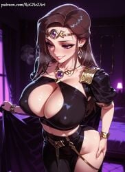 1girl 2026 ai_generated anime blush boobs bracelet breasts breath brown_hair circlet cleavage clothing_cutout collarbone covered_nipples crossover curtains earrings female female_focus flushed gem grin highres huge_breasts indoors inside jewelry kyonyuu_fantasy kyonyuu_fantasy_3 large_breasts long_hair necklace nsfw patreon patreon_username purple_eyes rognezart shiny shiny_skin skirt smile smiling solo very_long_hair window zoe_(kyonyuu_fantasy)