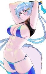 1girls aqua_hair armpits arms_up artist_request bikini blue_bikini blue_eyes blush boobs braid braided_hair closed_mouth curvy cyan_hair dracotail_faimena dragon_girl dragon_tail dragon_tail_fymena embarrassed female female_only glasses hi_res konami legwear light_skin looking_at_viewer low-angle_view medium_breasts mole mole_under_eye pose simple_background solo tail white_background younger_female yu-gi-oh!