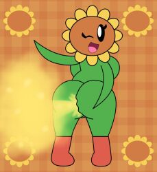 2d 2d_(artwork) bealmmaker big_ass big_breasts black_eyes breasts bubble_ass cursed fart fart_cloud fart_fetish female female_focus female_only green_body looking_at_viewer looking_back looking_excited orange_background plant plant_girl pvz red_shoes sunflower sunflower_(pvz) waving waving_at_viewer why wink winking_at_viewer
