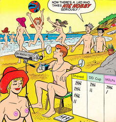 archie_andrews archie_comics beach beach_ball beach_chair beach_umbrella binoculars black_hair blonde_hair breasts brown_hair cactus34 casual dilton_doiley erect_nipples erection female ginger_hair hat human jughead_jones keeping_score lighthouse male no_nipples nudist ocean pale_skin puberty pubic_hair public public_nudity pussy telescope visor_cap