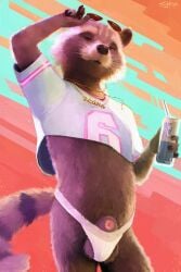 animal_genitalia anthro balls beverage beverage_can briefs brown_body brown_fur can closed_sheath_slit clothed clothing container crop_top digital_media_(artwork) eyewear fully_sheathed fur genitals grand_theft_auto grand_theft_auto_vi gta_vi_cover_girl guardians_of_the_galaxy hi_res holding_can holding_container holding_eyewear holding_object holding_sunglasses jewelry looking_at_viewer male mammal marvel meme midriff navel necklace pink_sheath_slit procyonid raccoon rocket_raccoon rockstar_games sheath sheath_slit shirt sidekick solo standing sunglasses tail topwear underwear