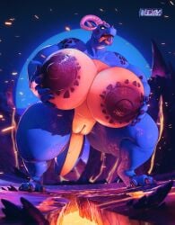 3_toes 3d_(artwork) angry anthro areola big_areola big_breasts big_clitoris big_nipples blue_body bodily_fluids breast_grab breasts clitoris digital_drawing_(artwork) digital_media_(artwork) dragon embers feet female forked_tongue genital_fluids genitals hand_on_breast hi_res horn huge_breasts huge_nipples katie_(nixynebula) muscular muscular_anthro muscular_female mythological_creature mythological_scalie mythology nipples nixynebula nude nude_anthro nude_female plump_labia scalie solo tail tan_body thick_thighs toes tongue tongue_out vaginal_fluids volcano vulva