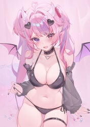 1girl 1girls absurdres ahoge belt belt_collar bikini black_belt black_bikini black_choker black_nails black_sleeves blush breasts choker cleavage collar collarbone commentary detached_sleeves female fingernails hair_intakes heart heart_ahoge highres horns indie_virtual_youtuber ironmouse large_breasts long_hair long_sleeves looking_at_viewer multicolored_hair nail_polish navel open_mouth pill pink_background pink_eyes pink_hair pink_wings simple_background sitting smile solo stomach streaked_hair swimsuit thigh_belt thigh_strap thighs tits twintails two-tone_hair virtual_youtuber vtuber white_horns wings