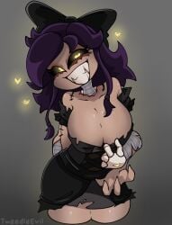 1girls black_clothing black_hair boobs bow breast_focus breasts brown_skin cyn_(murder_drones) cyntessa_(murder_drones) female female_focus female_only murder_drones sexy_female skinwalker smile smiling solo solo_focus tweedleevil x_eyes
