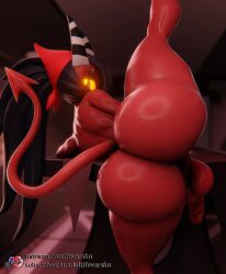 2026 3d_(artwork) absurd_res balls big_butt black_hair bubble_butt butt demon digital_media_(artwork) feversfm flexible genitals glans glistening glistening_body glistening_butt glistening_legs glistening_skin glistening_tail glistening_thighs gynomorph hair hellaverse helluva_boss hi_res horn imp intersex looking_at_viewer looking_back looking_back_at_viewer nude penis red_balls red_body red_glans red_penis red_skin sallie_may_(helluva_boss) solo spade_tail splits spread_legs spreading striped_horn stripes tail text trans_(lore) trans_woman_(lore) url yellow_eyes