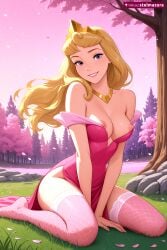 1girl ai_assisted ai_generated artist_name aurora aurora_(sleeping_beauty) bare_shoulders between_legs blonde_hair breasts bush cherry_blossoms collarbone crown disney disney_princess dress dutch_angle fishnet_thighhighs fishnets floating_hair grass grin hand_between_legs jewelry lips long_hair looking_at_viewer makeup medium_breasts nature necklace nipples no_bra no_shoes off_shoulder on_ground outdoors parted_lips patreon petals pink_dress pink_lips pink_sky pink_theme pink_thighhighs purple_eyes rock sitting sky smile solo stelmazura teeth thighhighs tiara tree v_arms wariza