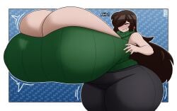 blush breast_expansion breast_growth clenched_teeth closed_eyes gigantic_breasts growth_spurt hyper_breasts original original_character outgrowing_clothes shocked takano_(artist) top_heavy vannie_(takano)