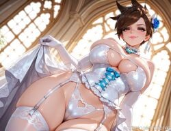 1girls ai_generated big_boobs big_breasts blizzard_entertainment boobs breasts brown_hair female female_focus female_only from_below heart heart-shaped_pupils high_resolution highres huge_boobs huge_breasts kaistar large_boobs large_breasts looking_at_viewer overwatch overwatch_2 patreon short_hair solo solo_female solo_focus thighhighs tracer underboob wedding wedding_dress yellow_eyes