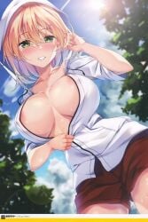 1girl absurdres areola_slip blonde_hair blue_sky blurry blurry_background blush breasts day dengeki_moeou depth_of_field dutch_angle from_below green_eyes hair_between_eyes hair_ornament hairclip highres hood hoodie large_breasts lens_flare outdoors parted_lips sena_chifuyu short_hair short_shorts shorts sky smile solo sweat undressing unzipping