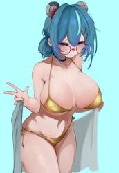 blue_hair eye_wear glasses gold_bikini hair_ornament highres indie_virtual_youtuber kuromikii_(vtuber) simple_background towel virtual_youtuber ye_(pixiv83975537)