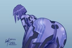 1girls 2d absurd_res ass ass_focus bangs bent_over blue_eyes bob_cut cortana digital_drawing_(artwork) halo_(series) halo_2 hands_on_thighs hi_res looking_at_viewer looking_back looking_back_at_viewer presenting presenting_hindquarters purple_body purple_hair purple_skin pussy sci-fi science_fiction simple_background smile smiling smiling_at_viewer smirk smirking smirking_at_viewer solo solo_female thanatonautspe1 thick_thighs thighs video_game_character