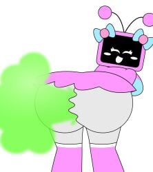 2d 2d_(artwork) bealmmaker big_ass bow breasts bubble_ass closed_eyes cute electronic_device fart fart_cloud fart_fetish female female_focus female_only looking_back oc original_character pink_skin television tv_woman
