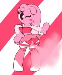 2d 2d_(artwork) bealmmaker big_ass black_eyes breasts bubble_ass cute fart fart_cloud fart_fetish female female_focus female_only looking_at_viewer looking_back oc original_character panties pink_background pink_skin red_dress skirt wink winking_at_viewer