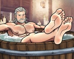bara bathtub big_feet cd_projekt_red cloudtune dilf feet_up foot_fetish gay geralt_of_rivia grey_hair hairy_chest hairy_male male male_feet male_foot_fetish male_only pinup silver_eyes sweat sweaty_feet synthfeet the_witcher_(series) the_witcher_3:_wild_hunt wet wet_body wet_feet wet_hair white_hair