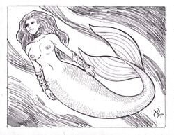 1girls areola black_and_white breasts gauntlets long_hair mermaid mermaid_tail michael_powell mythology navel nipples no_bra sketch swimming tagme tail_fin topless underwater voluptuous water