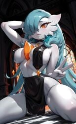 ai_generated ai_video big_breasts blue_hair bouncing_breasts choker civitai dancing gardevoir hand_behind_head huge_breasts long_hair orange_eyes peace_sign shiny_gardevoir shiny_pokemon stained_glass tagme v_sign very_long_hair video