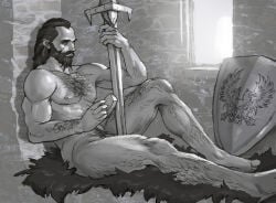 artist_request beard bearded bearded_male blackwall chest-hair cleaning dragon_age dragon_age_inquisition hairy hairy_male leg_hair long_hair long_hair_male male male_focus male_only pubic_hair shield sword unknown_artist