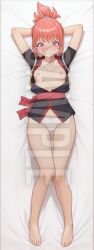 1girls ai_generated arms_up blush breasts chained_soldier dakimakura embarrassed female full_body hi_res high_resolution highres lying lying_on_back mato_seihei_no_slave military_uniform nipples panties patreon red_eyes red_hair sleeplessnighty small_breasts solo solo_focus tagme tatara_konomi watermark