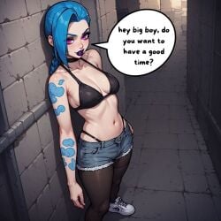 ai_generated bikini black_bikini_top black_stockings black_thong blue_hair dark_eyeshadow dark_purple_lipstick huge_lips jinx_(arcane) jinx_(league_of_legends) league_of_legends lipstick minishorts pale_skin pink_eyes prostitute prostitution slim_body slut slutty_female stockings tattoo tattoo_on_arm tattooed_arm tennis thong video_games
