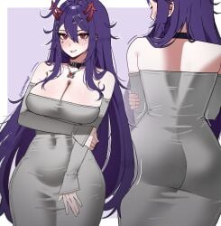 1girl 1girls absurdres ahoge akuma_nihmune ass back bare_shoulders big_breasts black_collar breasts cleavage collar curvy demon_horns dongtan_dress dress facial_mark female from_behind grey_dress hair_between_eyes hair_ornament heart heart_facial_mark heart_necklace highres hips horns indie_virtual_youtuber jewelry karandrawz large_breasts long_hair long_sleeves looking_at_viewer mole mole_under_eye multiple_views necklace purple_hair red_eyes red_horns star_(symbol) star_hair_ornament tight_clothes tight_dress tits virtual_youtuber vtuber wide_hips