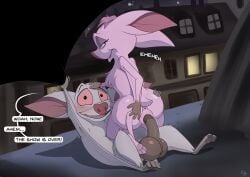 2026 anastasia_(film) anthro anus balls bartok bat big_balls butt cowgirl_position don_bluth duo english_text female from_front_position genitals hi_res looking_at_viewer male male/female mammal mcfan on_bottom on_top penetration penis sex speech_bubble text vaginal vaginal_penetration vulva