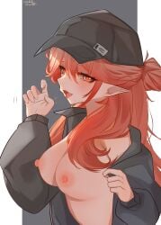 1girl absurdres arknights black_background black_coat border breasts coat commentary_request fellatio_gesture haruka_(arknights) highres large_breasts long_hair naked_coat nipples open_mouth orange_eyes pointy_ears ru_xun_he_yu!! simple_background solo very_long_hair white_border