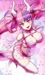 1girl 1girls ahoge belt big_breasts blush boots breasts choker cleavage commentary demon_girl demon_horns demon_tail earrings english_commentary fang female frills garter_straps gloves hair_ornament heart heart_ahoge heart_hair_ornament highres horns indie_virtual_youtuber ironmouse jewelry large_breasts long_hair looking_at_viewer multicolored_hair open_mouth pink_belt pink_choker pink_eyes pink_hair pink_skirt pointy_ears purple_hair revenantart skin_fang skirt smile solo streaked_hair tail thick_thighs thighhighs thighs twintails very_long_hair virtual_youtuber vtuber white_gloves white_horns white_thighhighs wing_hair_ornament