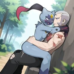 1boy 1boy1girl 1girls ai_assisted ai_generated blush dilf embrace embracing_during_sex grey_body grey_fur grey_hair human_on_anthro human_on_pokemon ingo_(pokemon) outdoor_sex outdoors pokemon pokephilia scars sitting_on_lap sitting_sex sneasel tagme vaginal_penetration
