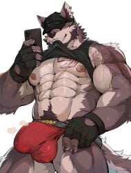 abs anthro augar_(augarrwoof) barazoku biceps body_hair bulge canid canine cellphone chest_tuft clothing detailed_bulge ear_piercing ear_ring electronics fur happy_trail hat hat_over_eyes headgear headwear hi_res jockstrap male male_anthro male_only mammal meocondainhan muscular muscular_anthro muscular_male navel nipples pecs phone piercing ring_piercing scar simple_background solo solo_male tuft underwear white_background